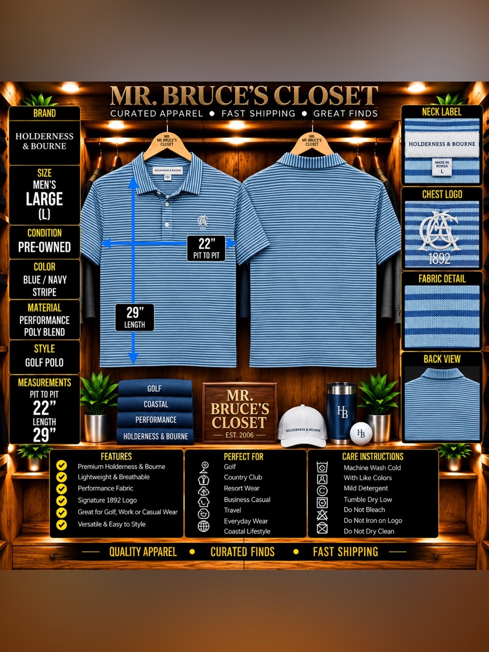 Holdrness & Bourne Men's Navy/Blue Striped Golf Polo